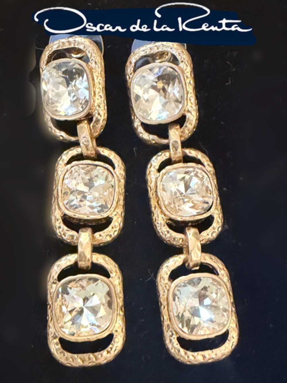 OSCAR DE LA RENTA Earrings🩵Gold Triple Drop Rectangle Bahamian Clear Crystal
